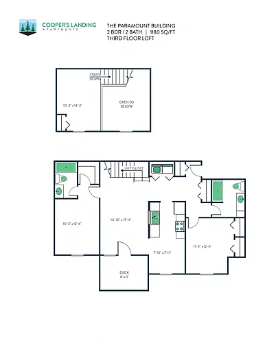 Floor plan 2 Bed, 2 Bath Loft - 1180 sq ft