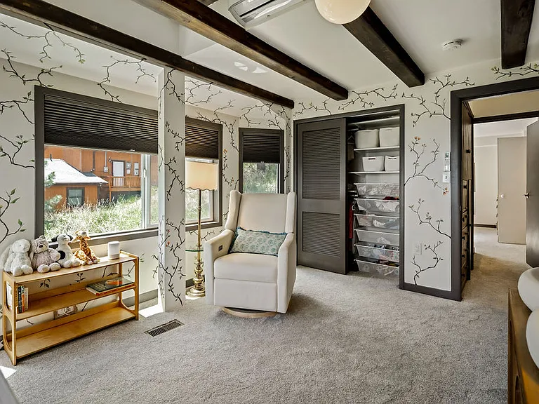 Closet with built-ins (hanging space on left side) and custom blackout shades installed on large windows