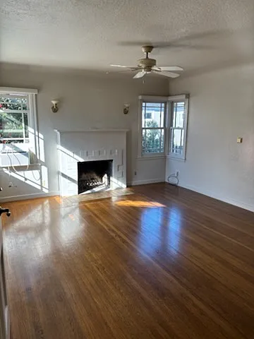 Living Room with Fireplace, hardwood floors and coved ceilings, fan, wall unit A/C - 122 S Seymour St