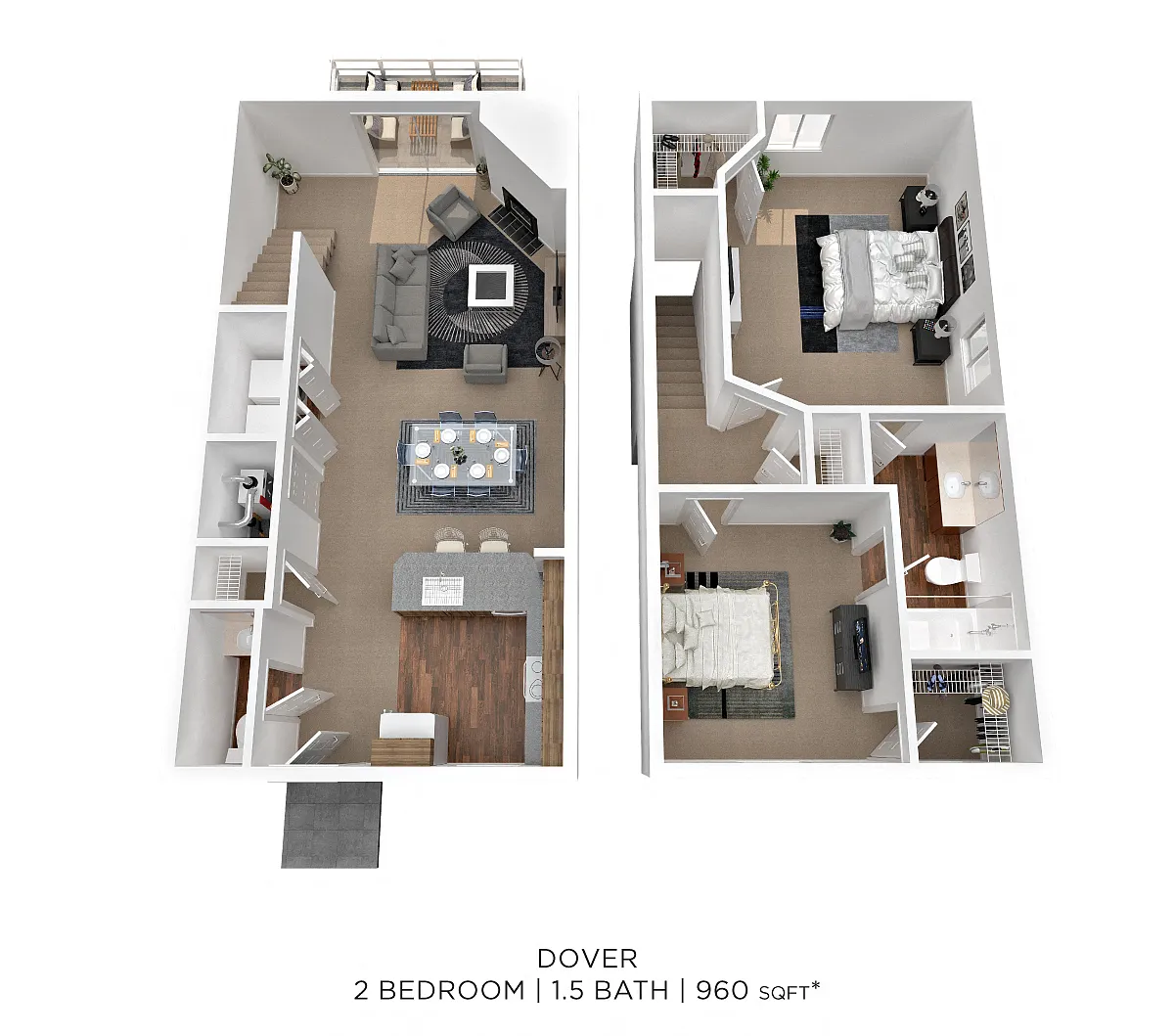 Floor plan Two Bedroom 1.5 Bath Townhome - 960 sqft