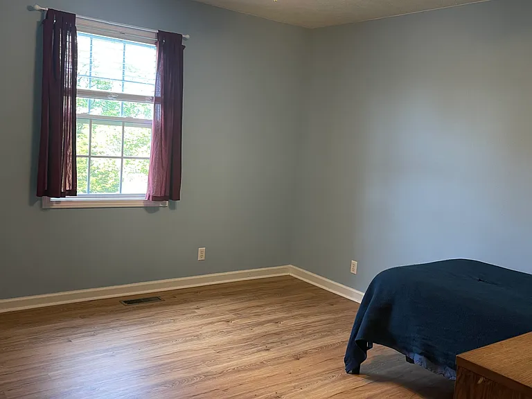 Blue room is on the back side of the house and looks out to a large back yard bordered by a creek.