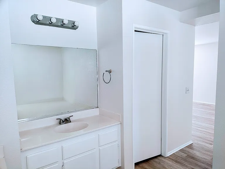 Primary bathroom, walk-in closet door, and view into primary bedroom
