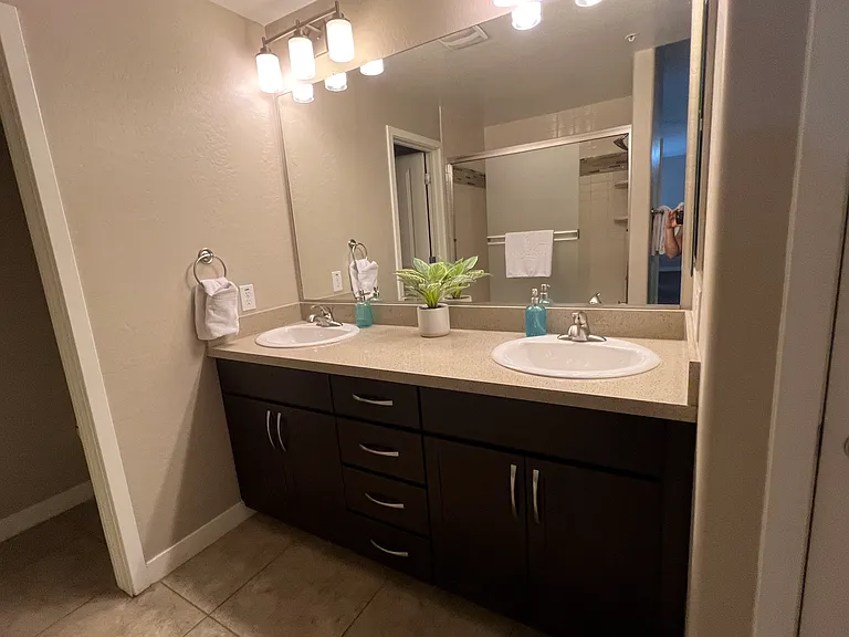Master bathroom with two sinks, shower, tub, and toilet