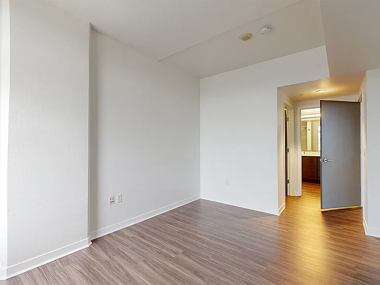 Spacious apartment bedroom with large closet, attached bathroom and wood-style flooring.