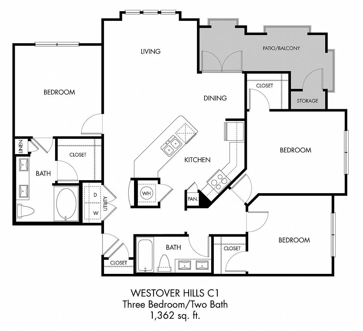 Floor plan 3BR 2BA (1362 SF)