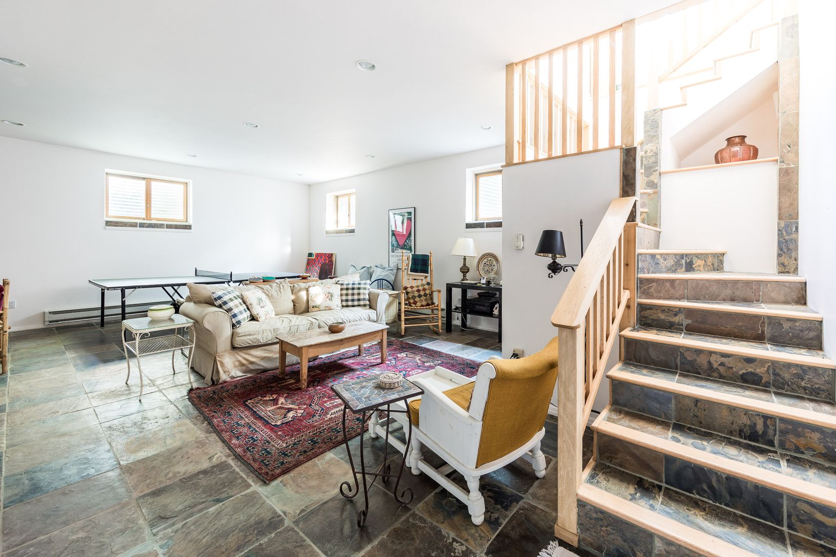  Bright Lower Level Recreation Room with full Walk Out Egress to Back Yard by Pool 