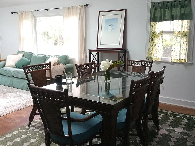 Easy clean table top and six chairs plus extra chairs.