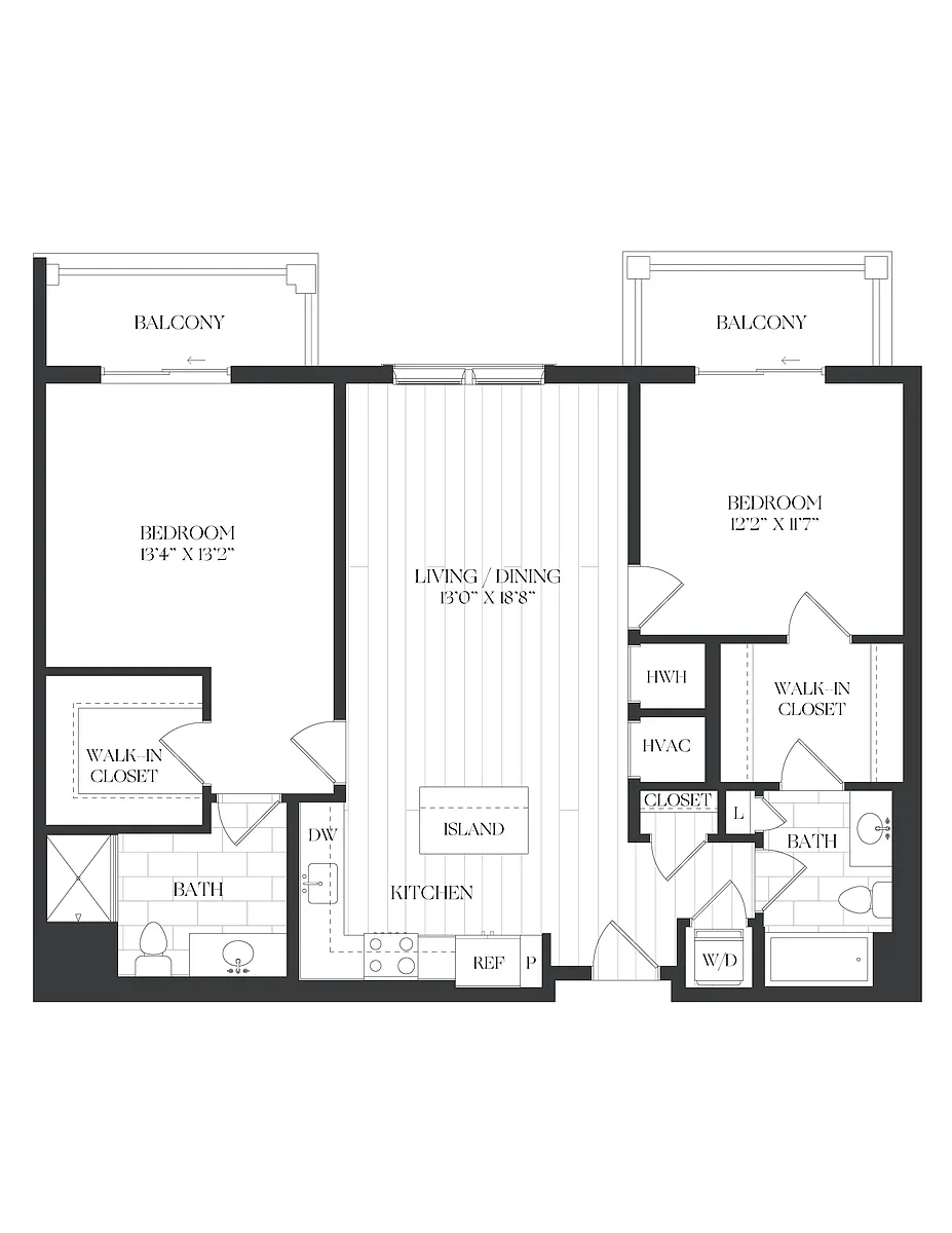 Floor plan 2 Bed/2 Bath-2B-2-B1 Dual Balconies-The Barrett