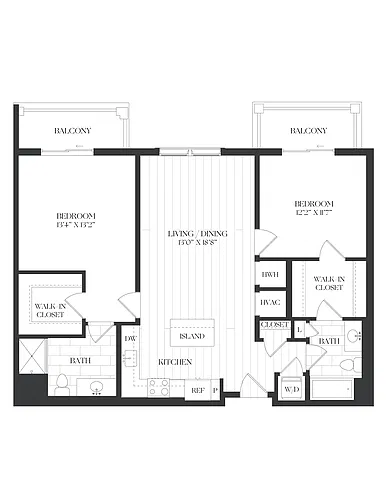 Floor plan 2 Bed/2 Bath-2B-2-B1 Dual Balconies-The Barrett