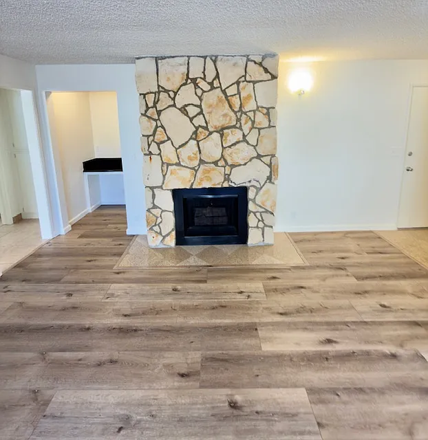 Living area and fireplace.