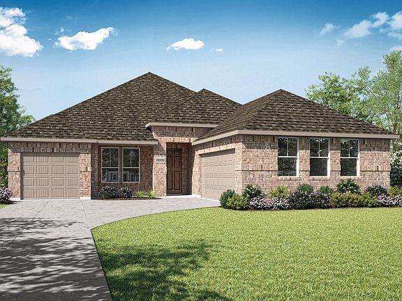 A single-story brick house with a tiled roof sits on a well-manicured lawn, surrounded by lush green