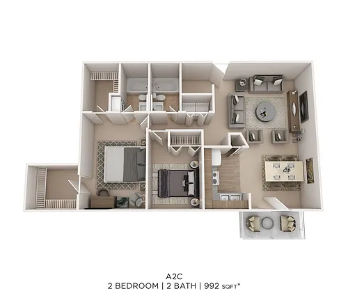 Floor plan Two Bedroom 2 Bath - 992 sqft