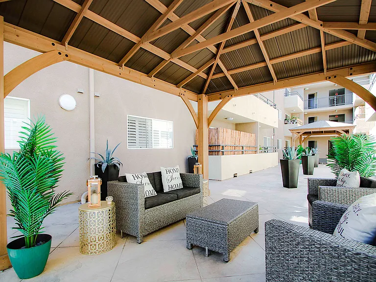 Community courtyard gazebos with seating.