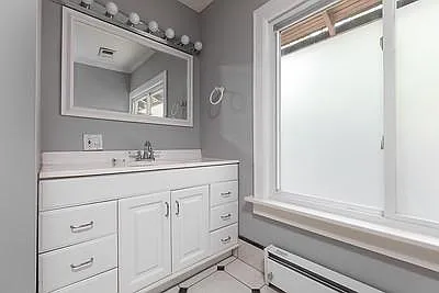 Master sink with extra space. Bright lighting. Floor heater and ceiling heater. Smoked Glass windows for privacy.