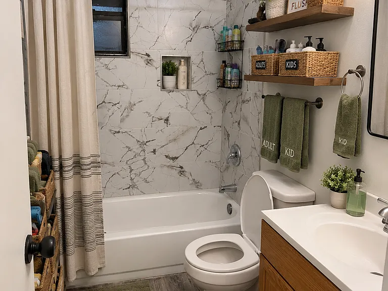 Hall Bathroom AI Decorated (decorative baskets, towels, rugs and shower curtain NOT included)