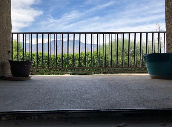 Beautiful view of San Jacinto Mountains.  Can see Tram light at night.  Can watch Fireworks on 4th of July free of charge and crowds right from your own patio.  Serenity on breezy evenings.