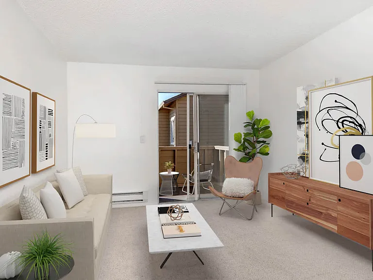 Carpeted Living Room with Balcony