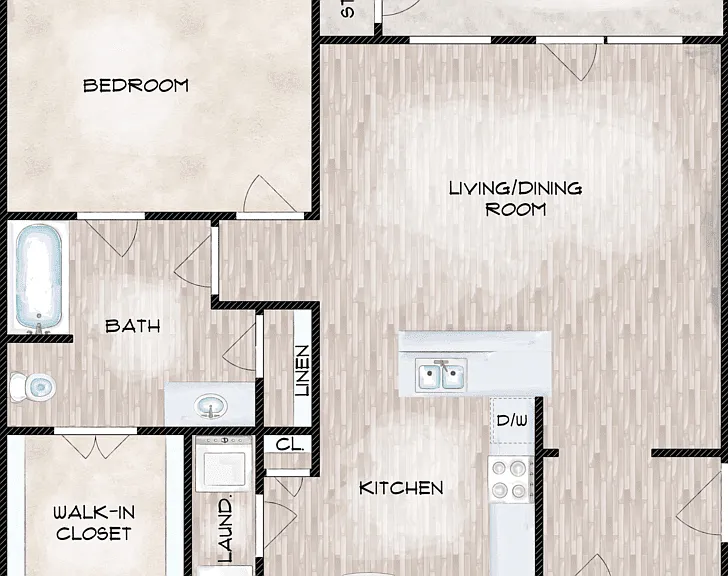 1 Bed 1 Bath Floorplan Diagram