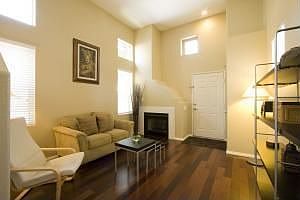 Lg living room w/ cozy fireplace, bronzed beech wood floors downstairs