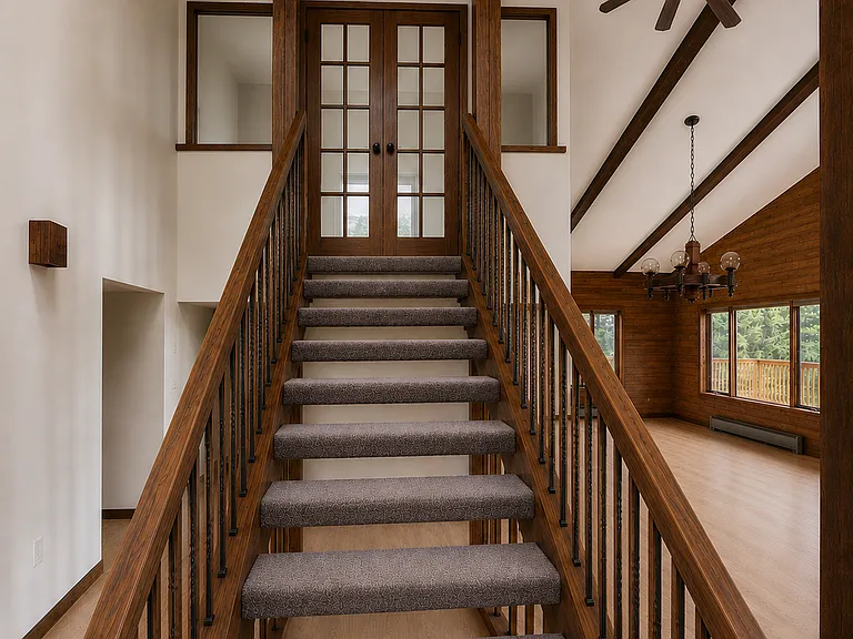 Staircase to the Main bedroom. Brand new French Doors & glass windows. Photo is digitally altered to show staircase, French door, glass updates (original photos were taken prior to the updates)