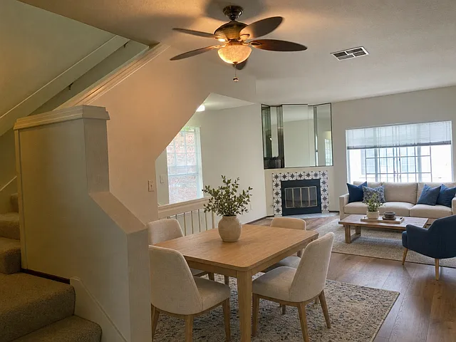 Staged for layout visualization; unit comes unfurnished"