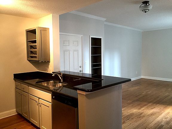 Open spacious living room kitchen plan, over looks courtyard