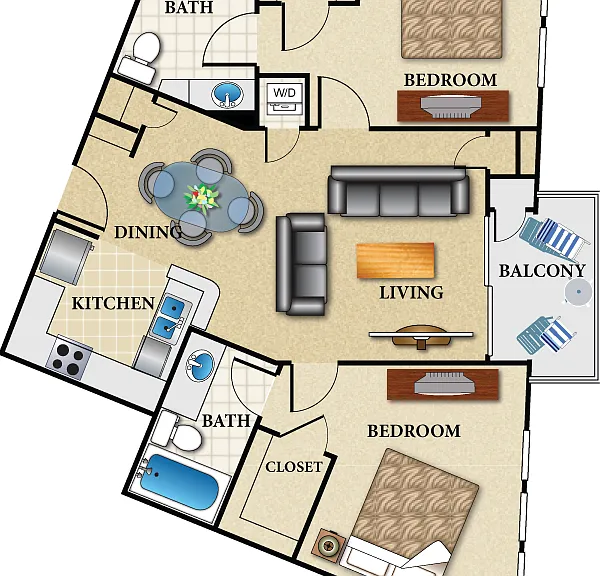 Plan F 2 Bed 2 Bath Floorplan Diagram