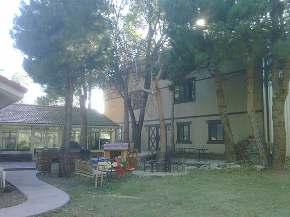 Front of court with pool on left