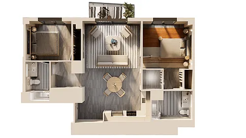 Floor plan East 2 BR Balcony City View