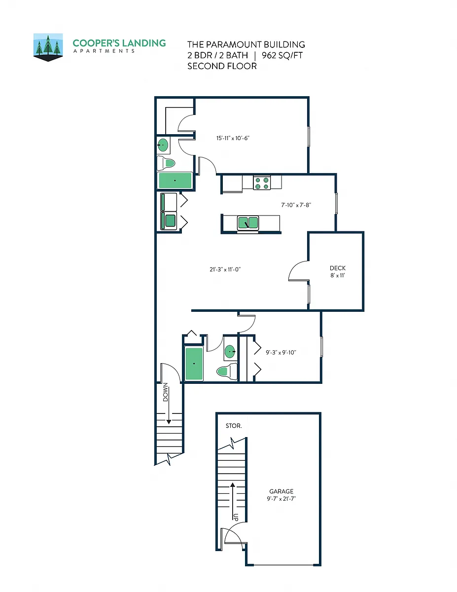 Floor plan 2 Bed, 2 Bath - 962 sq ft