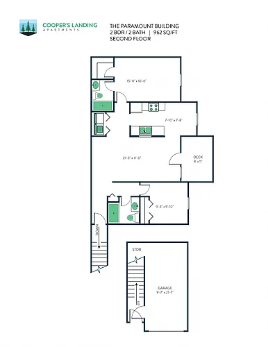 Floor plan 2 Bed, 2 Bath - 962 sq ft