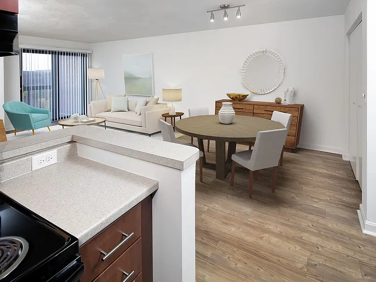 Classic Package II kitchen, living, and dining area with hard surface flooring