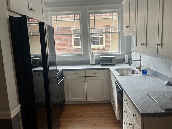 black refrigerator. dishwasher under sink.