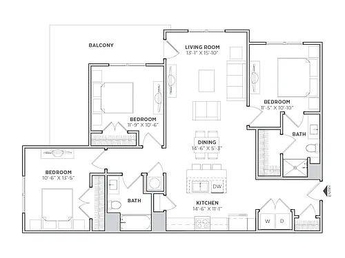 Floor plan 3 Bed, 2 Bath