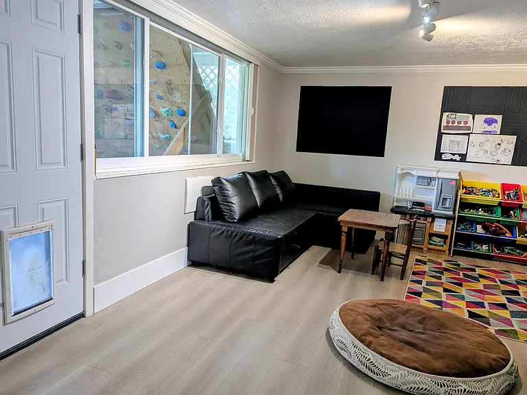 Basement play room with view of under porch, windows and door to the back yard with doggy door