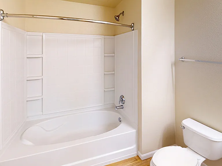 Apartment bathroom with wood-style flooring.