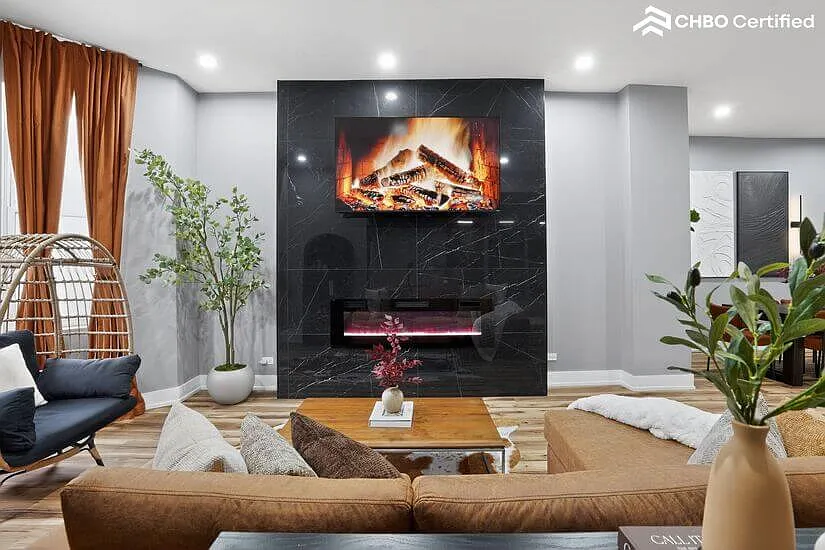 living room fireplace and tv area