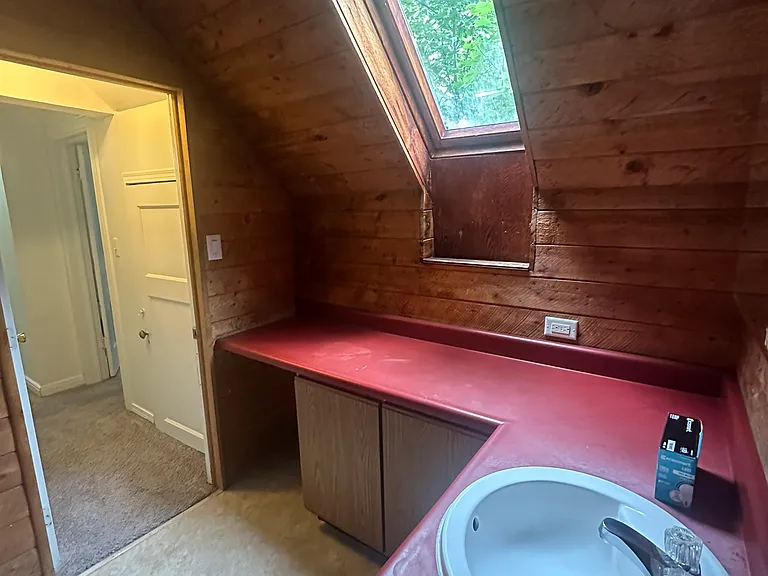 2nd floor bathroom features wood walls, built in closet, and separate bathroom and shower.