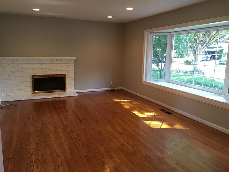 Living room with bay window.