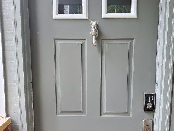Front Door Entry with Squirrel Knocker and Key Less Lock