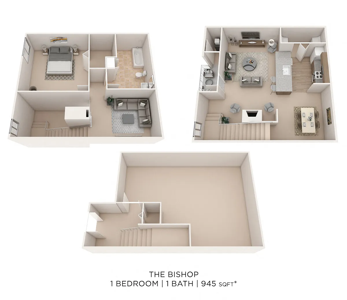 Floor plan One Bedroom Townhome - 945 sqft
