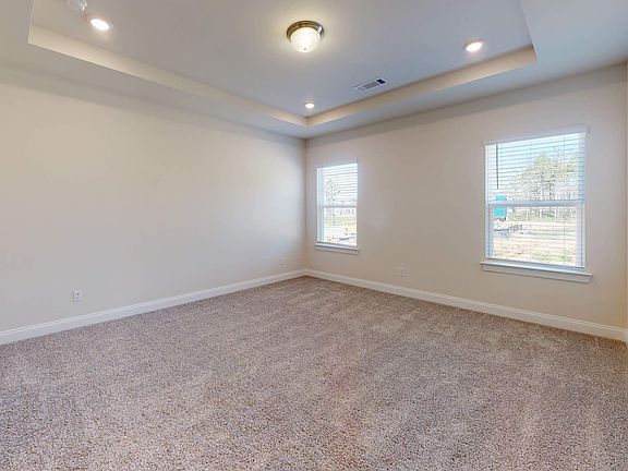 The plush primary suite offers a large walk-in closet, tray ceilings, and a luxurious bathroom.