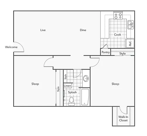 Floor plan 2 BR x 1 BA - B