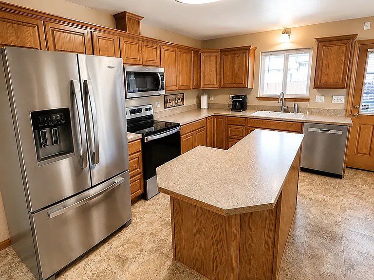 Large Whirlpool French door refrigerator, filtered water dispenser, bottom freezer, almost new microwave, stove, dishwasher, touch activated faucet.