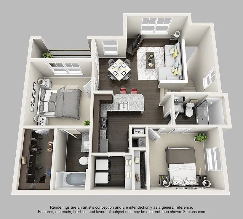 Floor plan 2 Bedroom 2 Bathroom Apartment with 990 Square Fee