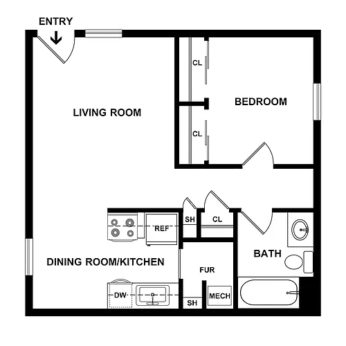 Floor plan Income-Restricted 1 Bedroom, 1 Bath