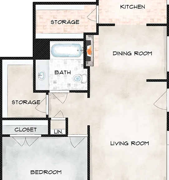 1 Bed 1 Bath B Floorplan Diagram
