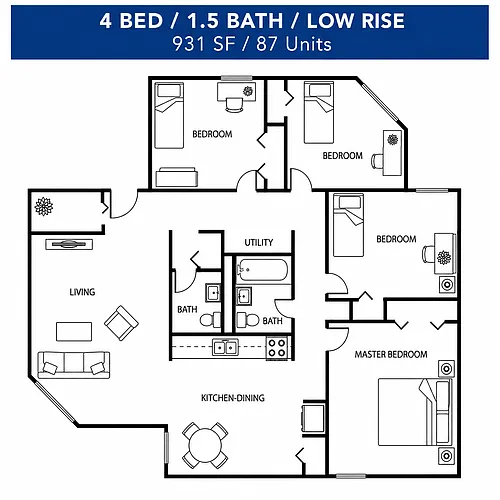 Floor plan 4 Bed 1.5 Bath Low Rise