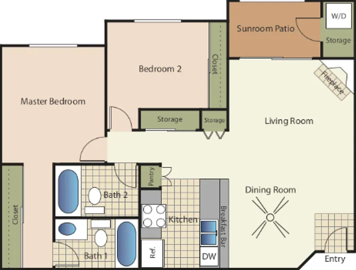 2 Bedroom 2 Baths 22A Floorplan Diagram