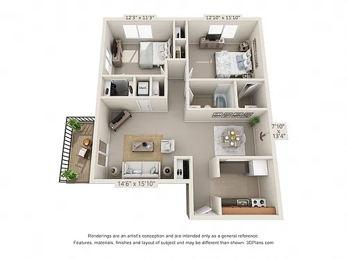 Floor plan 2 Bedroom, 1 1/2 Bath 902 (Balcony)